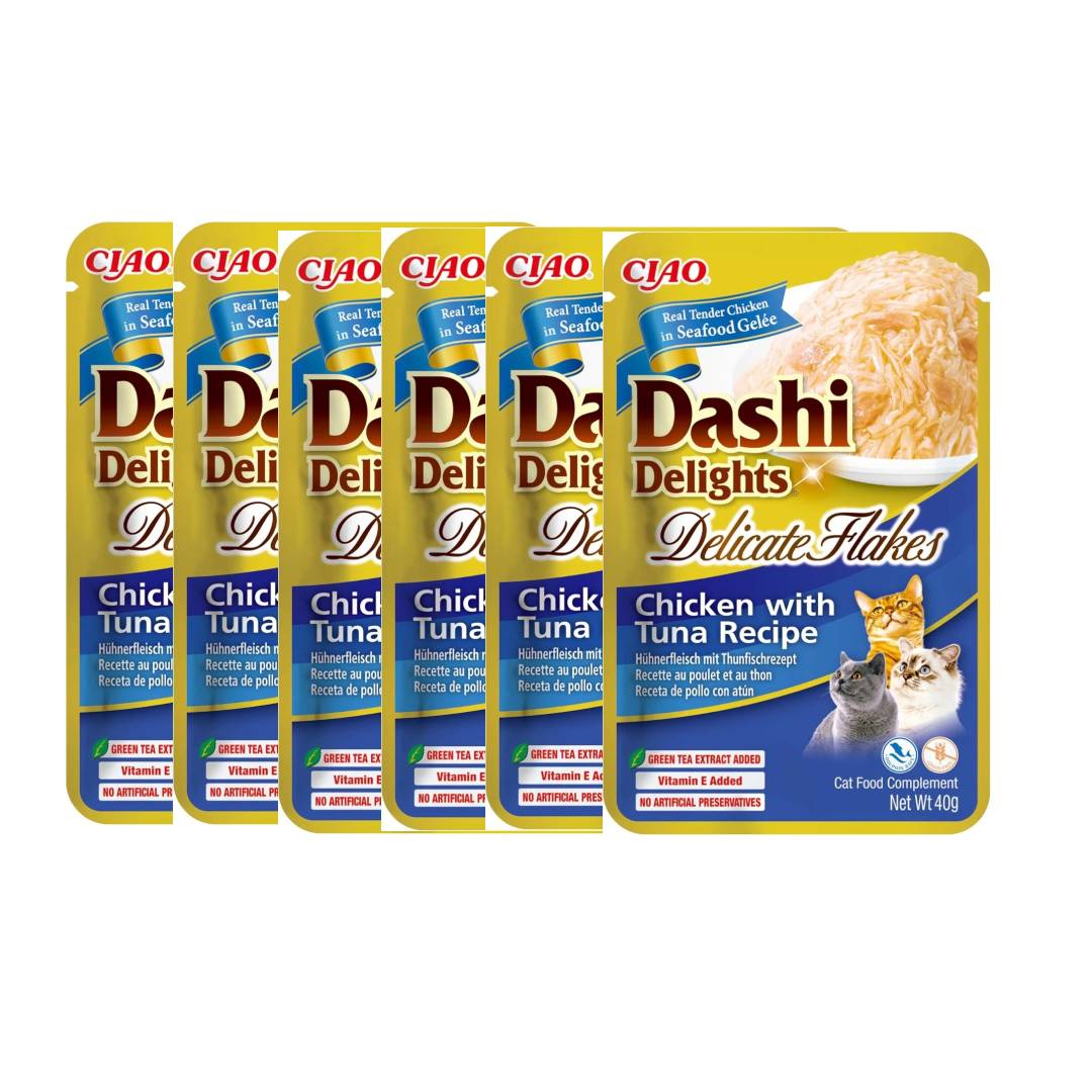 Multiple packages of Ciao Dashi Delights cat food on a white background