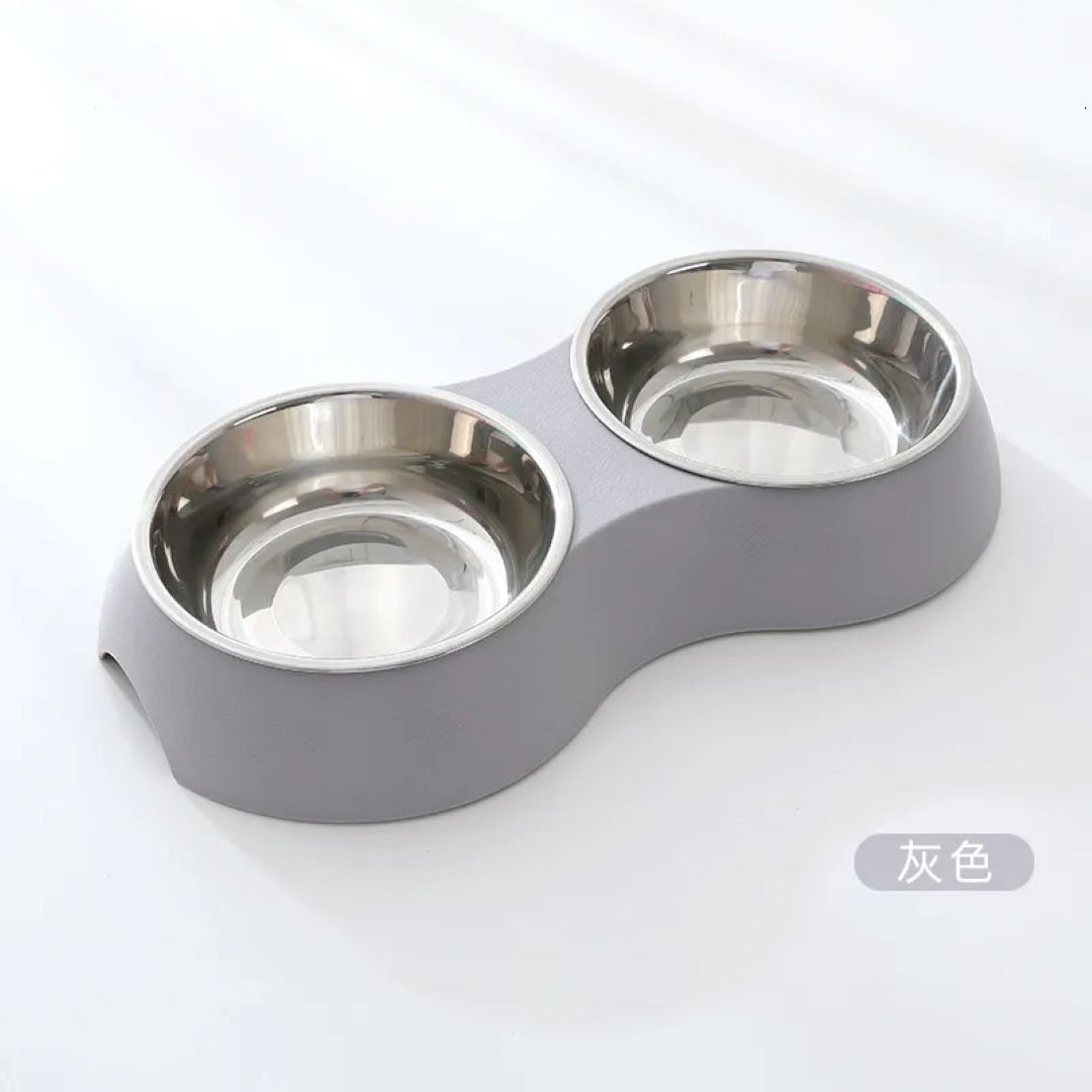 Oval Dual Stainless Steel Pet Bowls- Grey