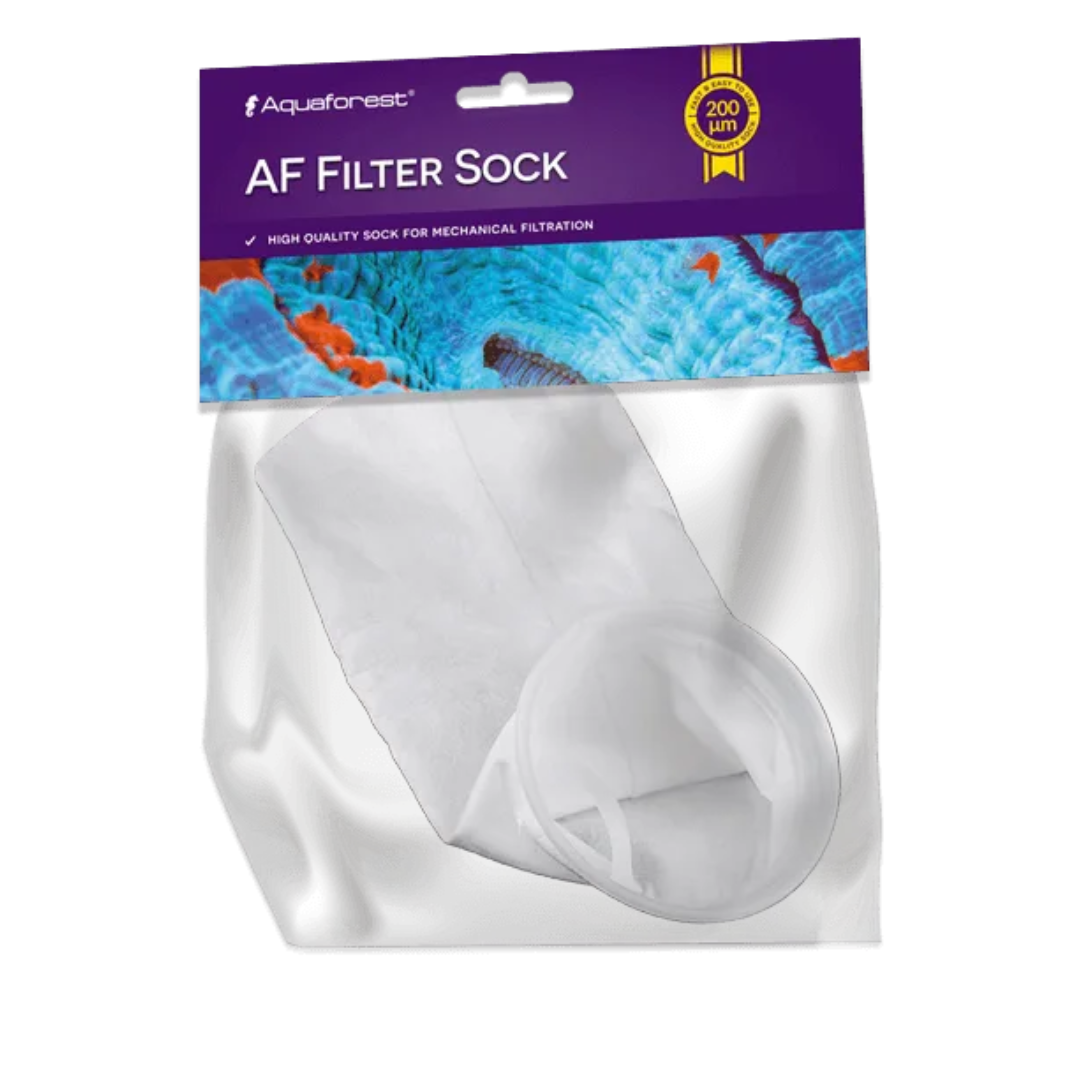 Aquarium filter sock with packaging featuring Aquaforest branding on a white background