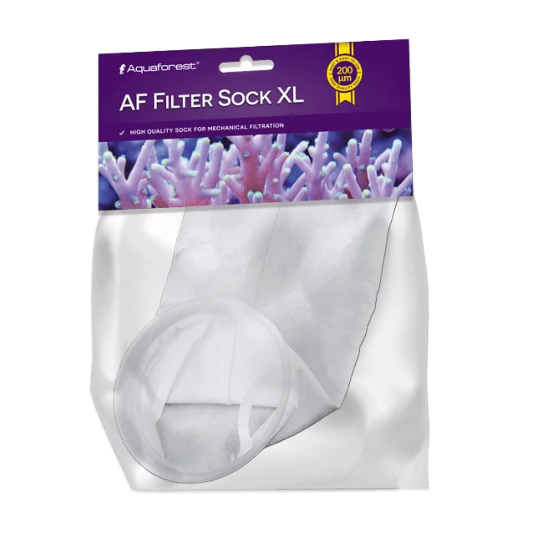 Aquaforest AF Filter Sock XL packaging with a white filter sock inside on a white background