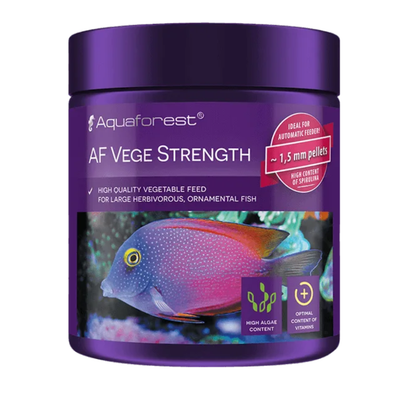 Purple container of Aquaforest AF Vege Strength fish food with a fish on the label.
