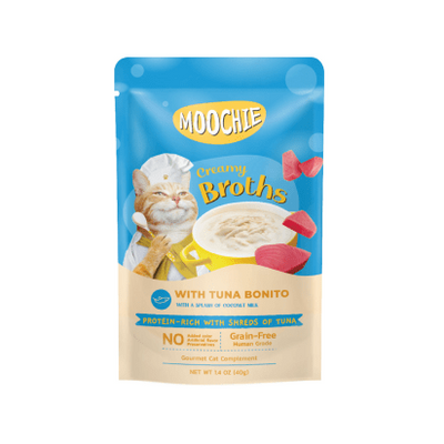 A 40g pouch of Moochie Creamy Broth featuring Tuna Bonito