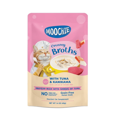 A 40g pouch of Moochie Creamy Broth featuring tuna and kanikama