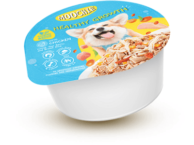 A 85g cup of Moochie Casserole with Chicken, showcasing a healthy meal option for pets, featuring tender chicken pieces and colorful vegetables in a savory sauce.
