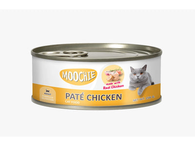 A can of Moochie Loaf with Chicken Pâté, weighing 156 grams