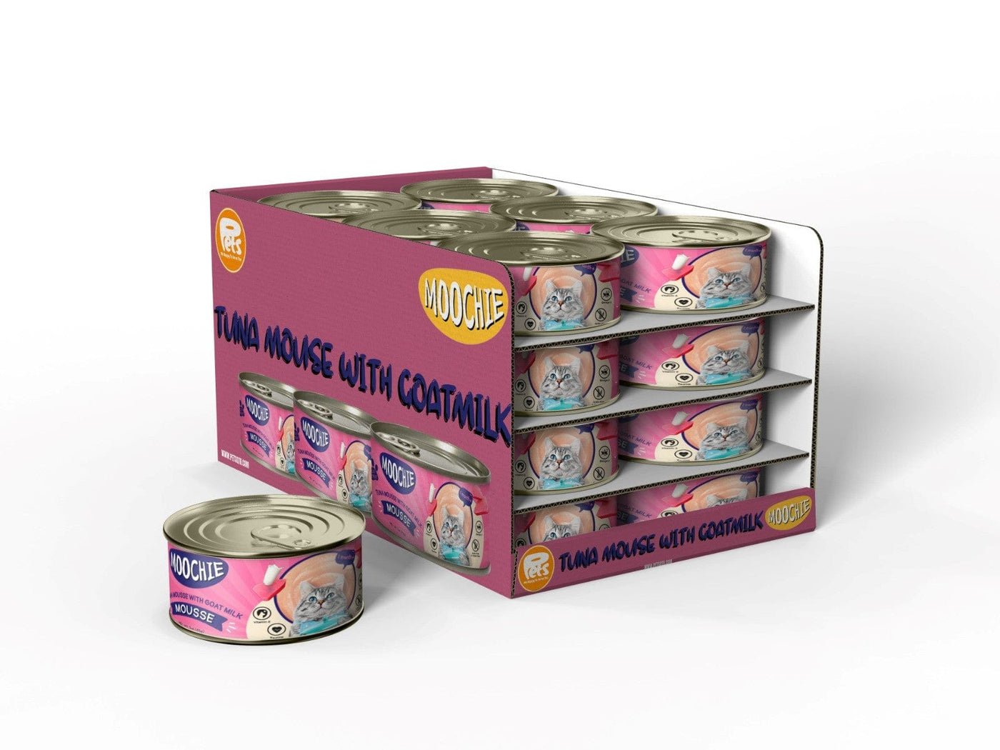 A dish of Tuna Mousse with Goat Milk, featuring premium chicken tuna and powdered goat milk, promoting a healthy coat and immune system for cats. Each 85g serving contains 100 Kcal, with no artificial additives