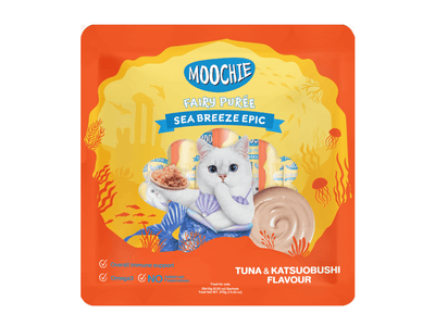 Moochie Tuna and Katsuobushi Recipe: A nutritious cat food blend with tuna and katsuobushi, rich in omega-3 fatty acids and taurine for heart health and a shiny coat
