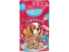 A vibrant package of Moochie Dog Food featuring ocean fish