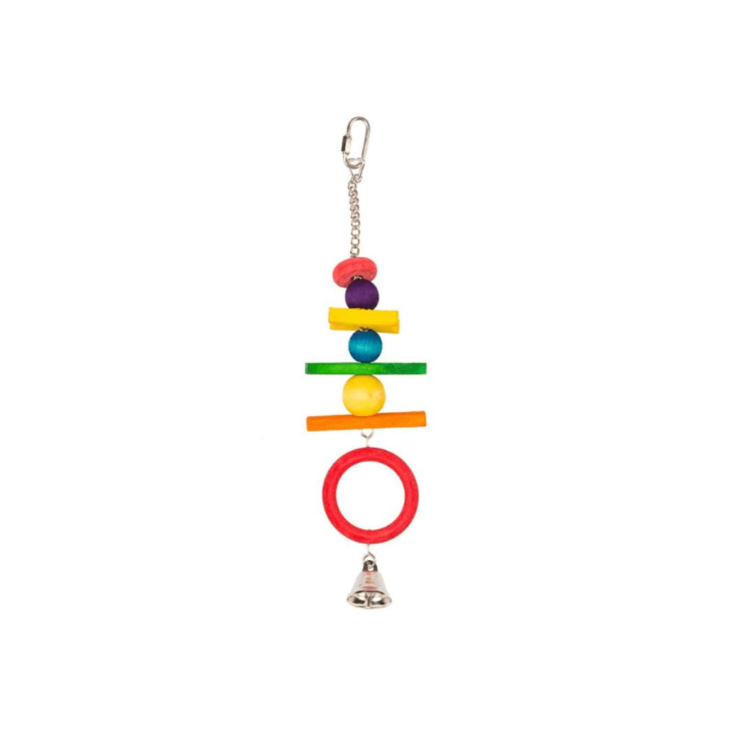 Colorful bird toy with rings and a bell on a white background
