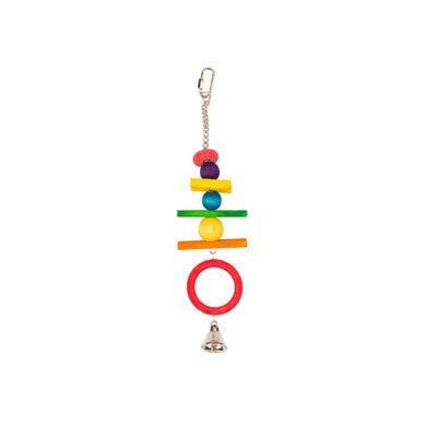 Colorful bird toy with rings and a bell on a white background
