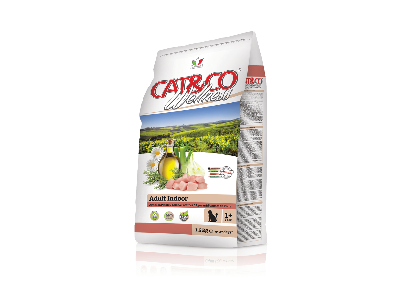Adult Indoor Cat Food with lamb and potatoes, made with natural ingredients for your cat’s health. No artificial colors or preservatives. Complete with essential vitamins and minerals. Follow the feeding guide and provide fresh water daily