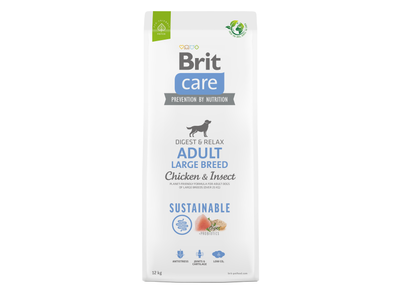 Brit Care's Sustainable Adult Large Breed dog food made with chicken and insect, promoting healthy digestion and strong joints. Eco-friendly kibble available in sizes from 1 kg to 12 kg