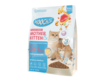 Bag of Moochie Cat Kibble, Tuna and Goat Milk recipe, 1.2 kg. Designed for mother cats and kittens, this holistic-grade food contains 38% protein, healthy fats, and immune-boosting ingredients like hydrolyzed tuna, salmon oil, and goat milk, supporting muscle growth, energy, and development