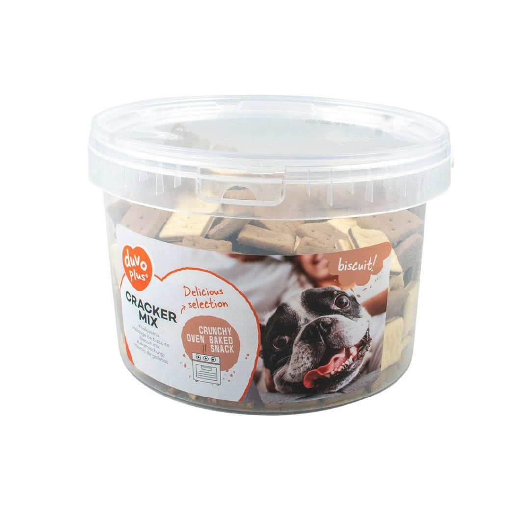 Container of dog cracker mix with a label featuring a dog on a white background