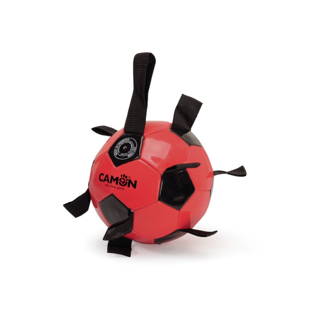 Black-Red Soccer Ball Dog Toy with Grips and Handle – 21cm