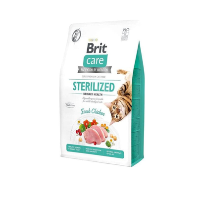 Brit Care cat food package for sterilized cats on a white background