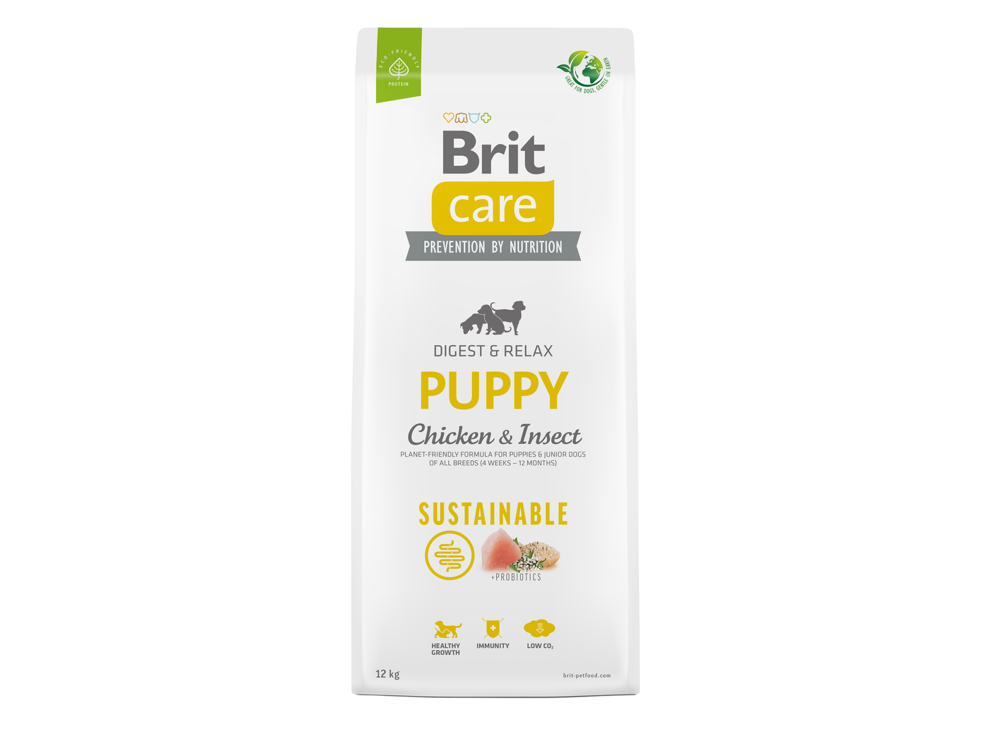 Brit Care Dog Sustainable Puppy Food: eco-friendly kibble for puppies 4 weeks to 12 months, made with chicken and insect protein. Supports digestion, muscle growth, and health while being gluten-free and environmentally friendly