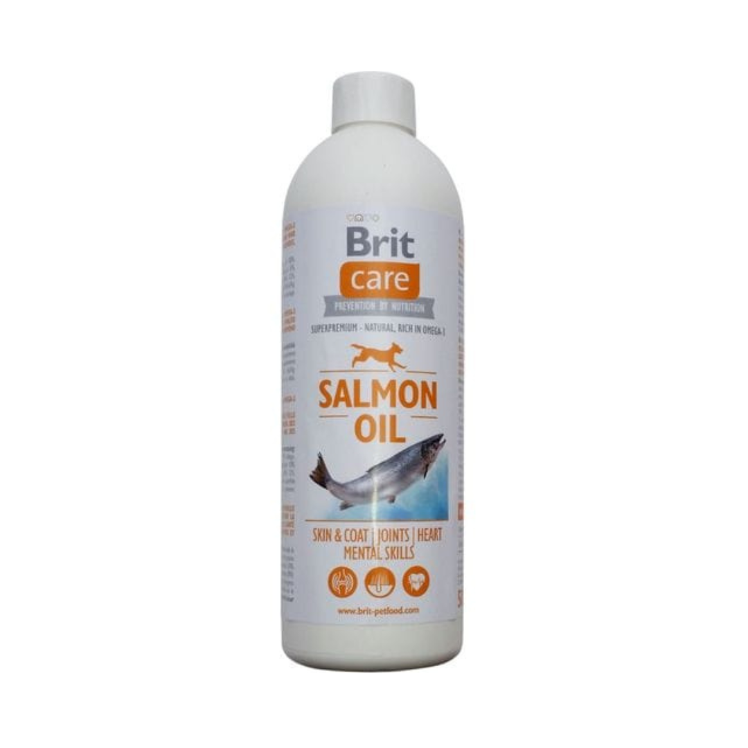 Bottle of Brit Care Salmon Oil on a white background
