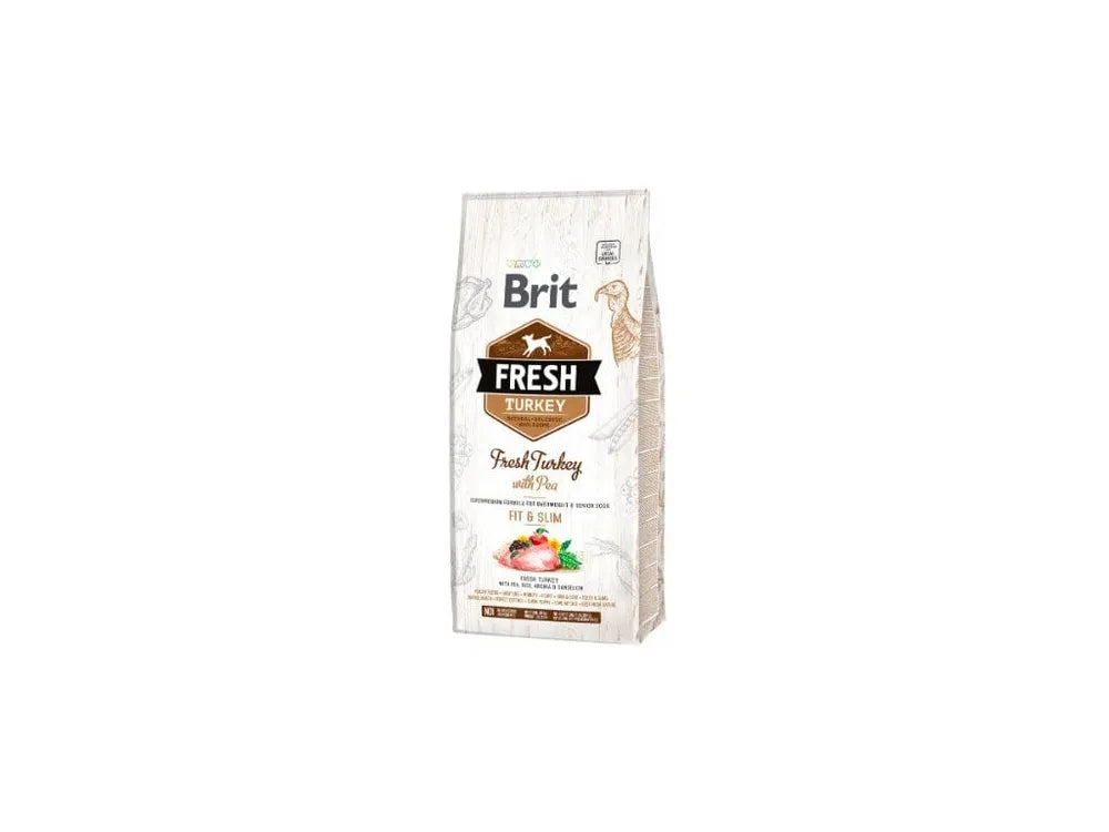 Brit Fresh 12kg dog food for adult, overweight, and senior dogs. Made with 40% fresh turkey and wholesome ingredients like peas, rice, and ancient grains, it provides a healthy, gluten-free meal without artificial additives