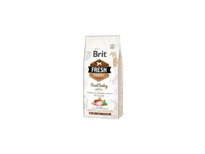 Brit Fresh 12kg dog food for adult, overweight, and senior dogs. Made with 40% fresh turkey and wholesome ingredients like peas, rice, and ancient grains, it provides a healthy, gluten-free meal without artificial additives