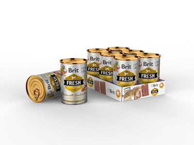 Brit Fresh dog food features fresh, local ingredients like chicken, turkey, vegetables, and herbs. It's gluten-free, soy-free, and contains no preservatives or colorants, providing nutritious and flavorful meals for dogs