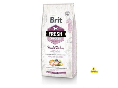 Brit Fresh dog food for puppies and junior dogs, made with 40% fresh chicken and nutritious ingredients like potatoes and herbs. This 12kg bag supports healthy growth without gluten or artificial additives