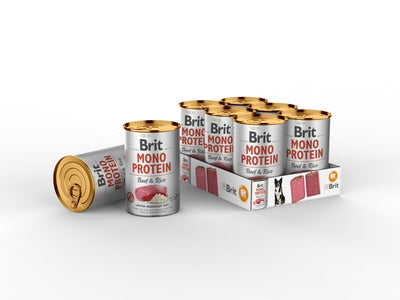 Brit Mono Protein: 100% pure beef protein with rice for dogs with sensitive digestion. Gluten-free, soy-free, and GMO-free, this nutritious supplement comes in 6x40g packs