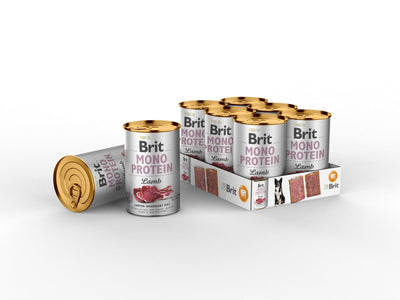 Brit Mono Protein dog food with 100% pure lamb, ideal for pets with sensitive digestion and food allergies. This gluten-free formula provides complete nutrition and great flavor in a 40g pack