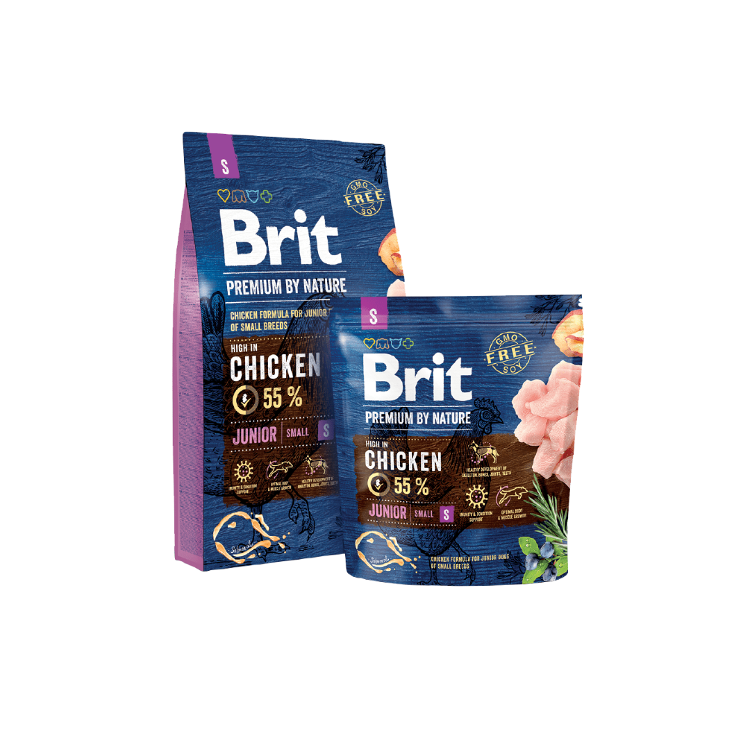 Two packages of Brit Premium by Nature dog food on a white background
