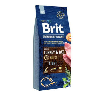 Bag of Brit premium dog food with turkey and oat ingredients on a white background