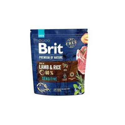 Bag of Brit premium dog food with lamb and rice ingredients on a white background