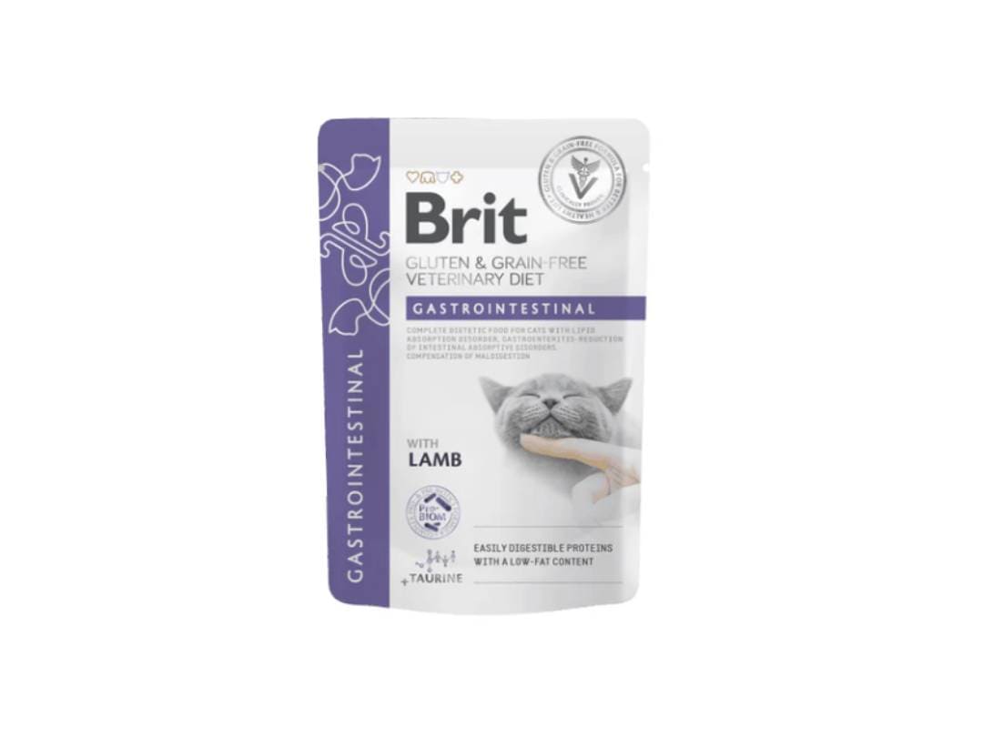 Brit Veterinary's grain-free cat food features lamb meat for digestive health. These meat pouches in gravy offer complete nutrition, helping with issues like pancreatitis and flatulence. The gluten-free recipe is ideal for cats with lipid absorption disorders. Provide your cat with a tasty and effective dietary solution
