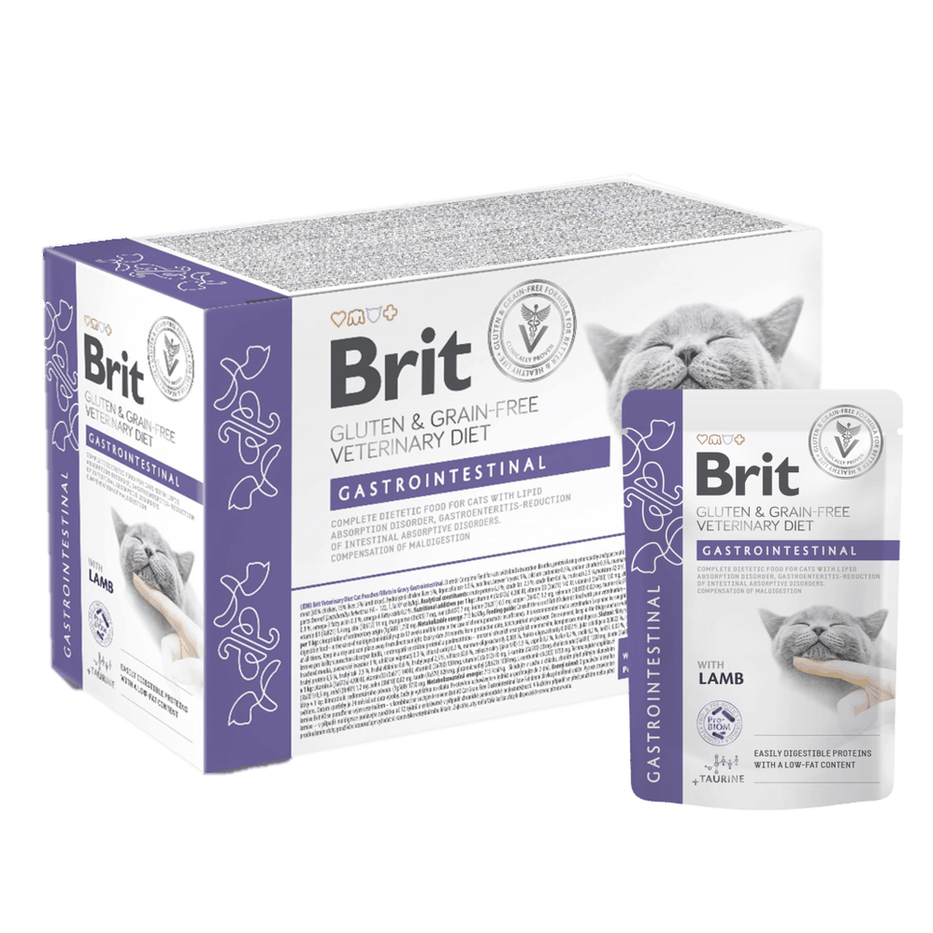 Brit Veterinary's grain-free cat food with lamb meat supports digestive health. These gluten-free pouches in gravy provide complete nutrition and help with issues like pancreatitis and protein loss