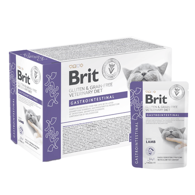 Brit Veterinary's grain-free cat food with lamb meat supports digestive health. These gluten-free pouches in gravy provide complete nutrition and help with issues like pancreatitis and protein loss