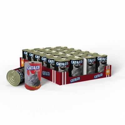 CAT & CO Pate Beef wet cat food in a 405g can, containing 5% beef and fish. High in moisture (81%) and balanced protein (9.5%), it’s ready to serve without heating, providing essential nutrients for your cat's health