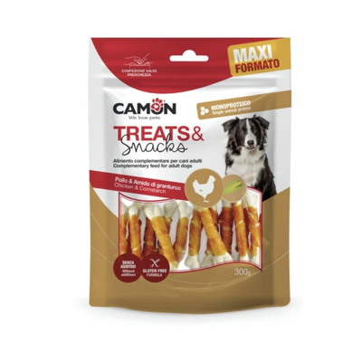 Package of Camon treats and snacks for dogs with a red and white design.