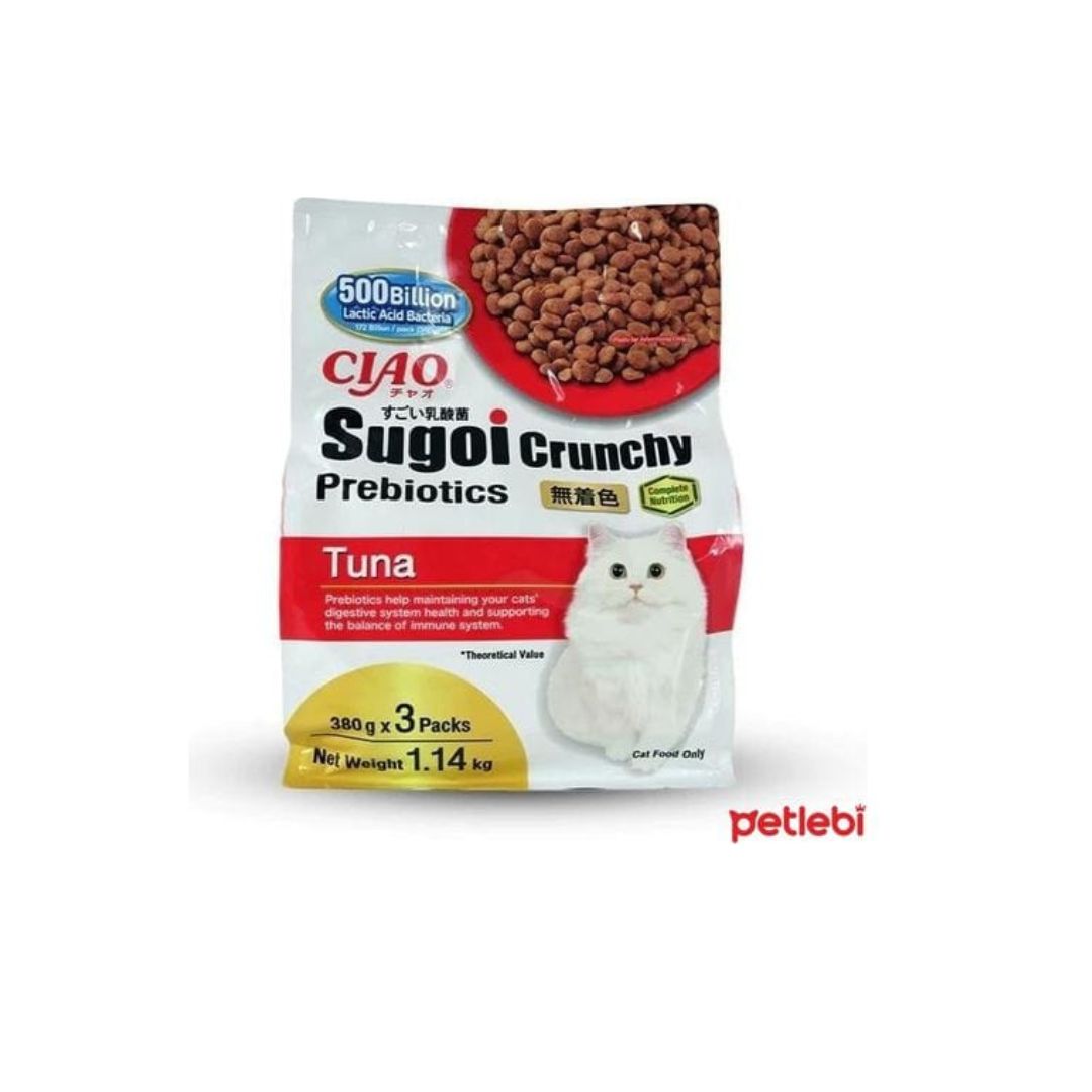 CIAO Sugoi Crunchy Prebiotics tuna cat food package on a white background
