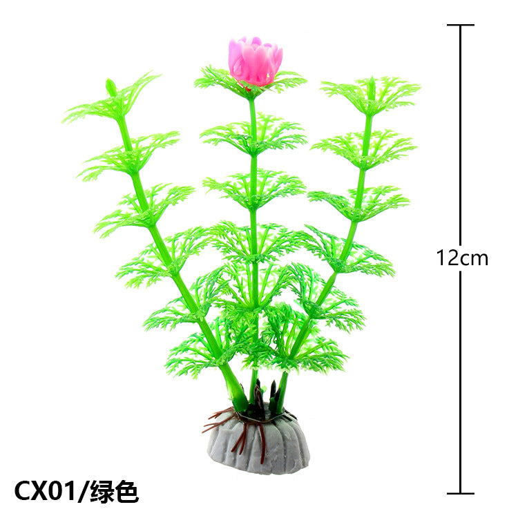 Green Tiered Artificial Aquarium Plant With Pink Flower