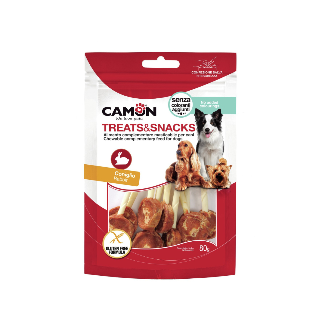 Package of Camon dog treats and snacks on a white background