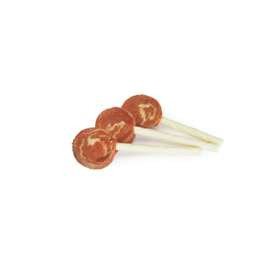 Three round brown objects on white sticks against a white background