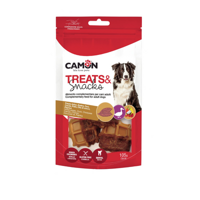 Package of Camon treats and snacks for dogs with a red background