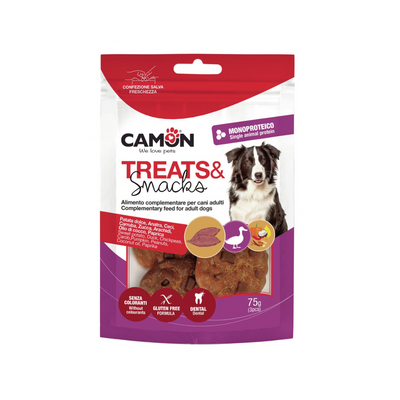 Package of Camon treats and snacks for dogs on a white background