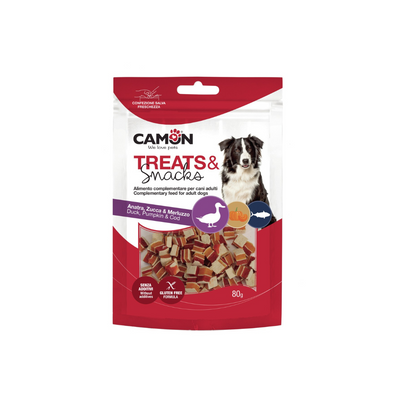 Package of Camon dog treats and snacks on a white background