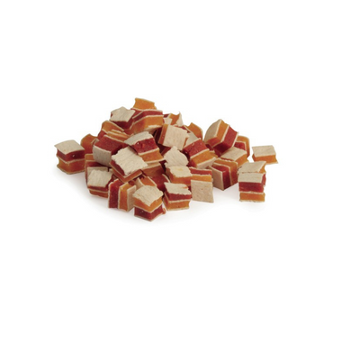 Small cubes of red and white food on a white background