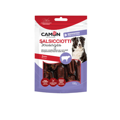 Package of Camon Salsiccioitti sausages for dogs on a white background