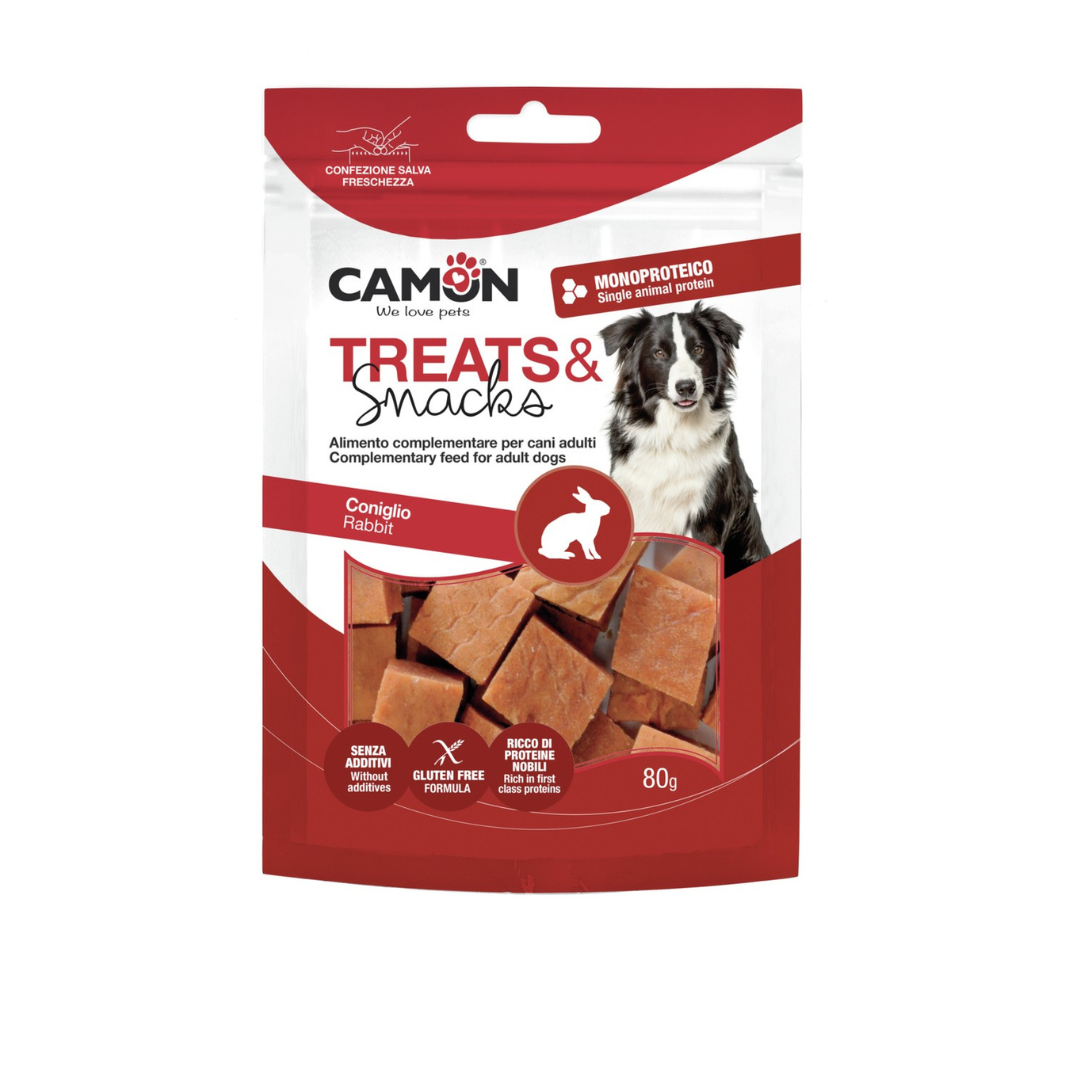 Package of Camon treats for dogs with a rabbit flavor on a white background