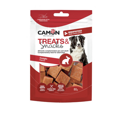 Package of Camon treats for dogs with a rabbit flavor on a white background