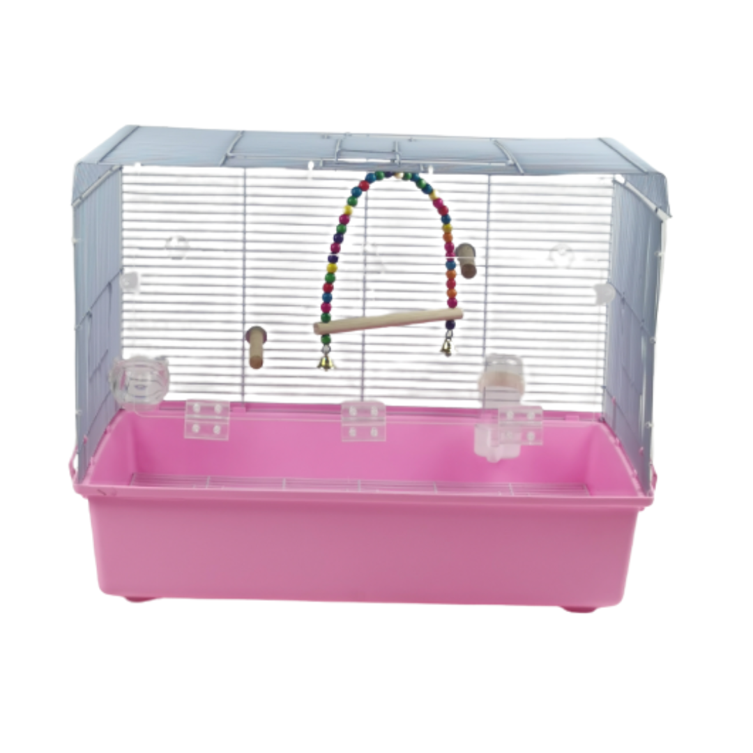 Bird cage with pink base and clear sides on a white background