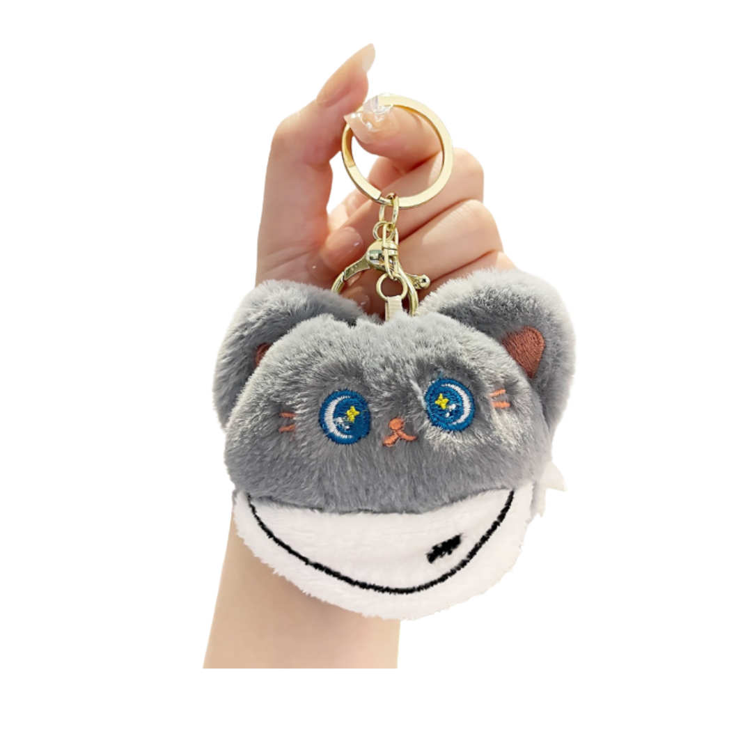 Cat Wearing Bib Plush Keychain -Grey