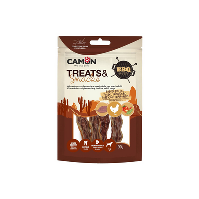 Package of Camon treats and snacks with BBQ flavor on a white background